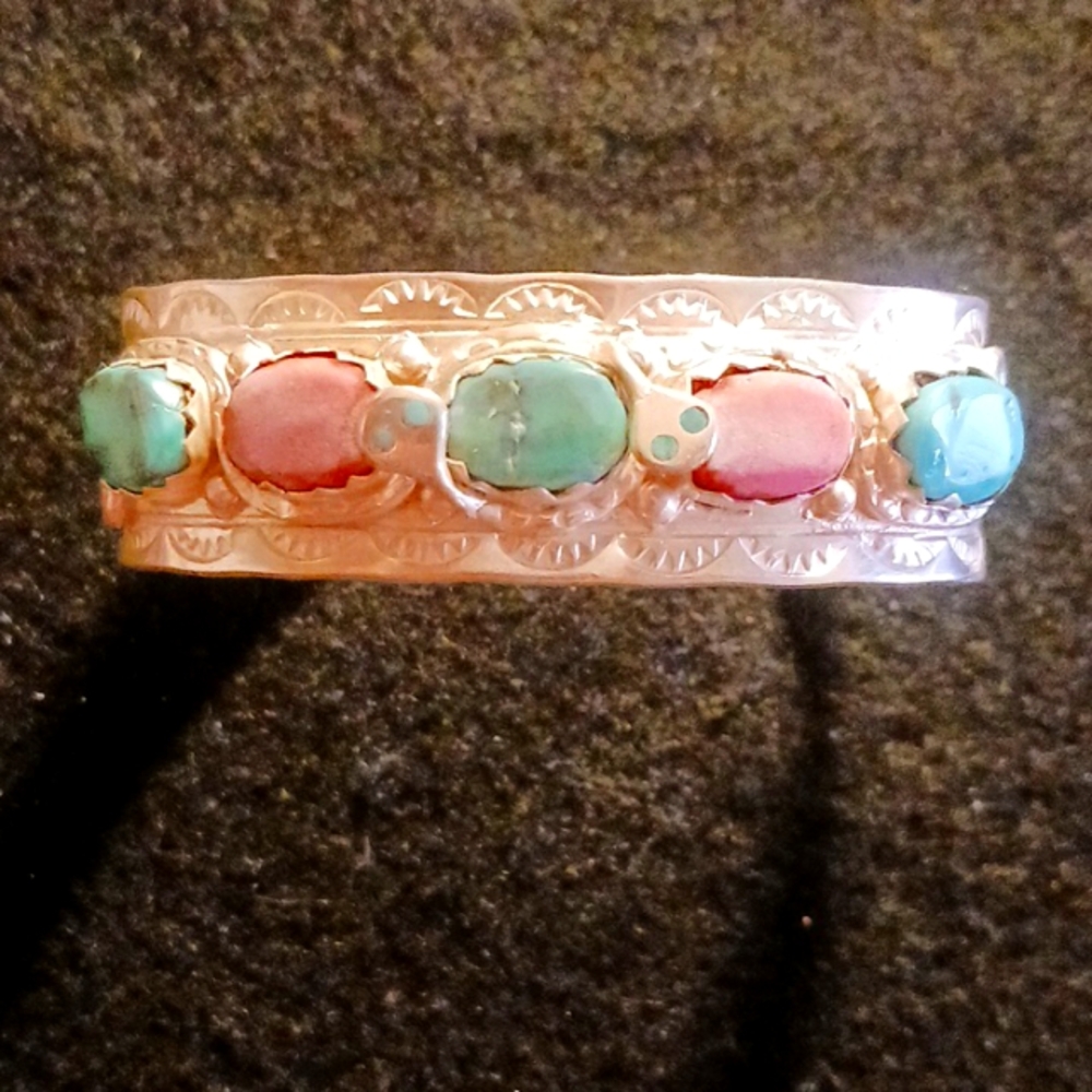 Turquoise and Coral Stone Copper Cuff Bracelet